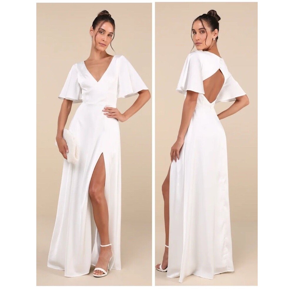 Lulus Elegant Confidence White Satin Flutter Sleeve Cutout Maxi Dress Size XS